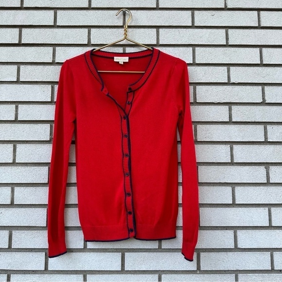 ModCloth Red Navy Trim Modal Cotton Button Front Knit Cardigan Sweater - Picture 1 of 8